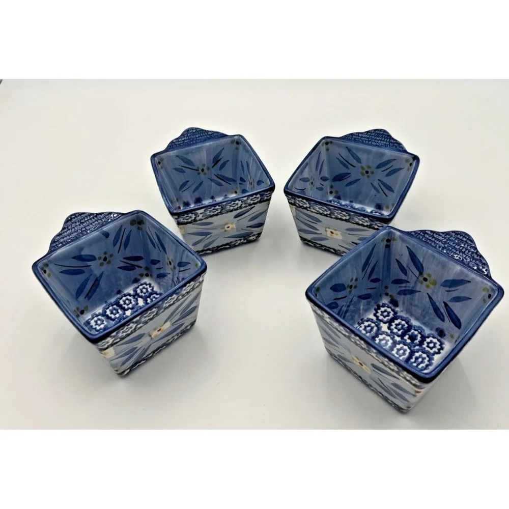 Temp-tations Old World Blue Set of 4 Mini Square Bakers Ramekins Handles